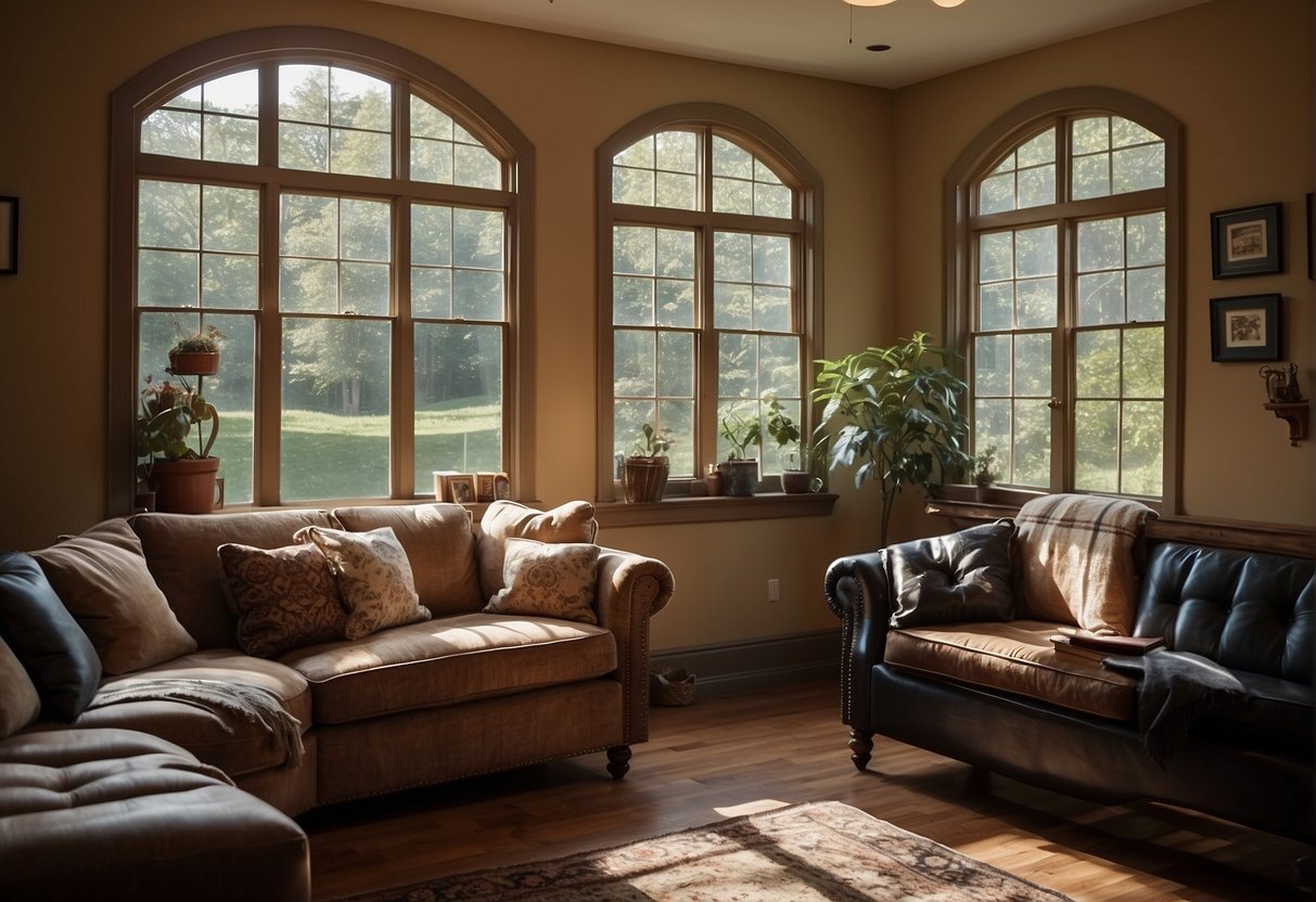 A house in Maryland with various window types and sizes, alongside a contractor's tools and materials, with a price tag showing the average window replacement cost