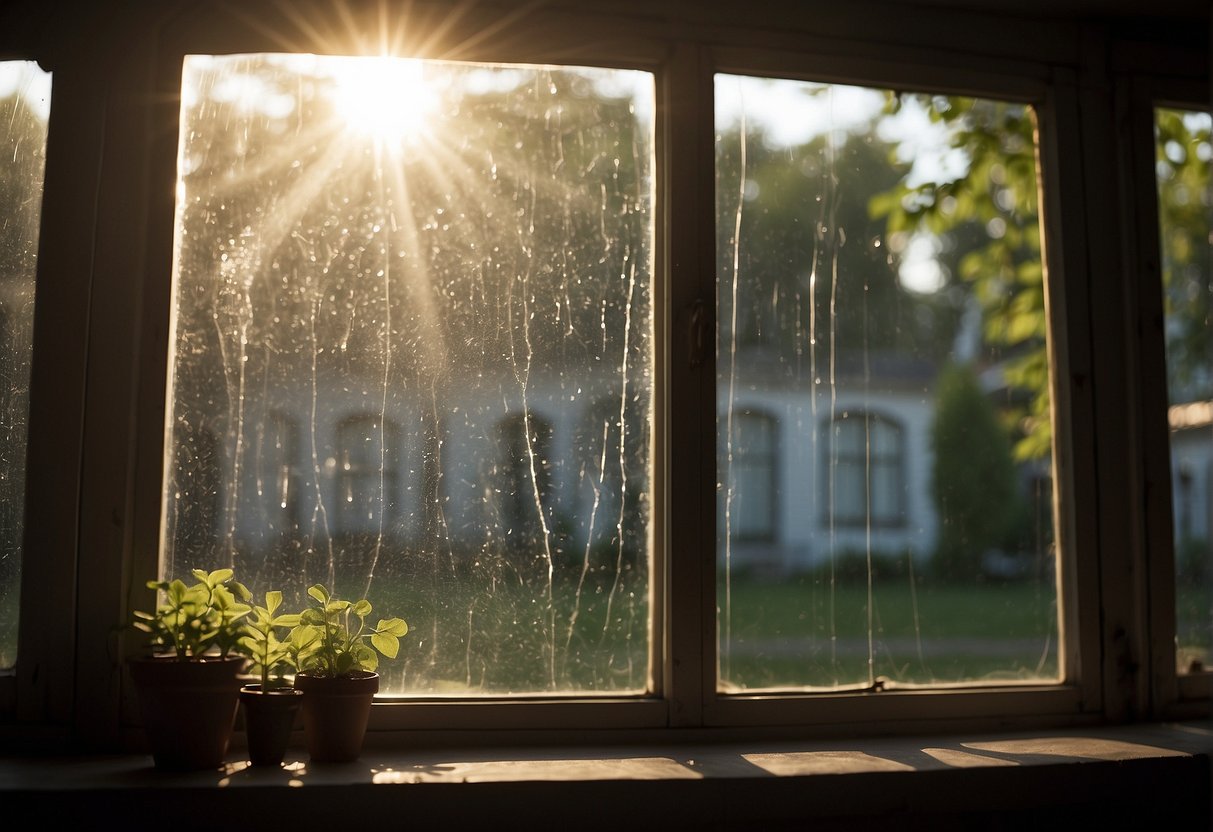 Sunlight streams through a cracked windowpane, revealing gaps and condensation. A draft blows curtains, and frames are worn and discolored