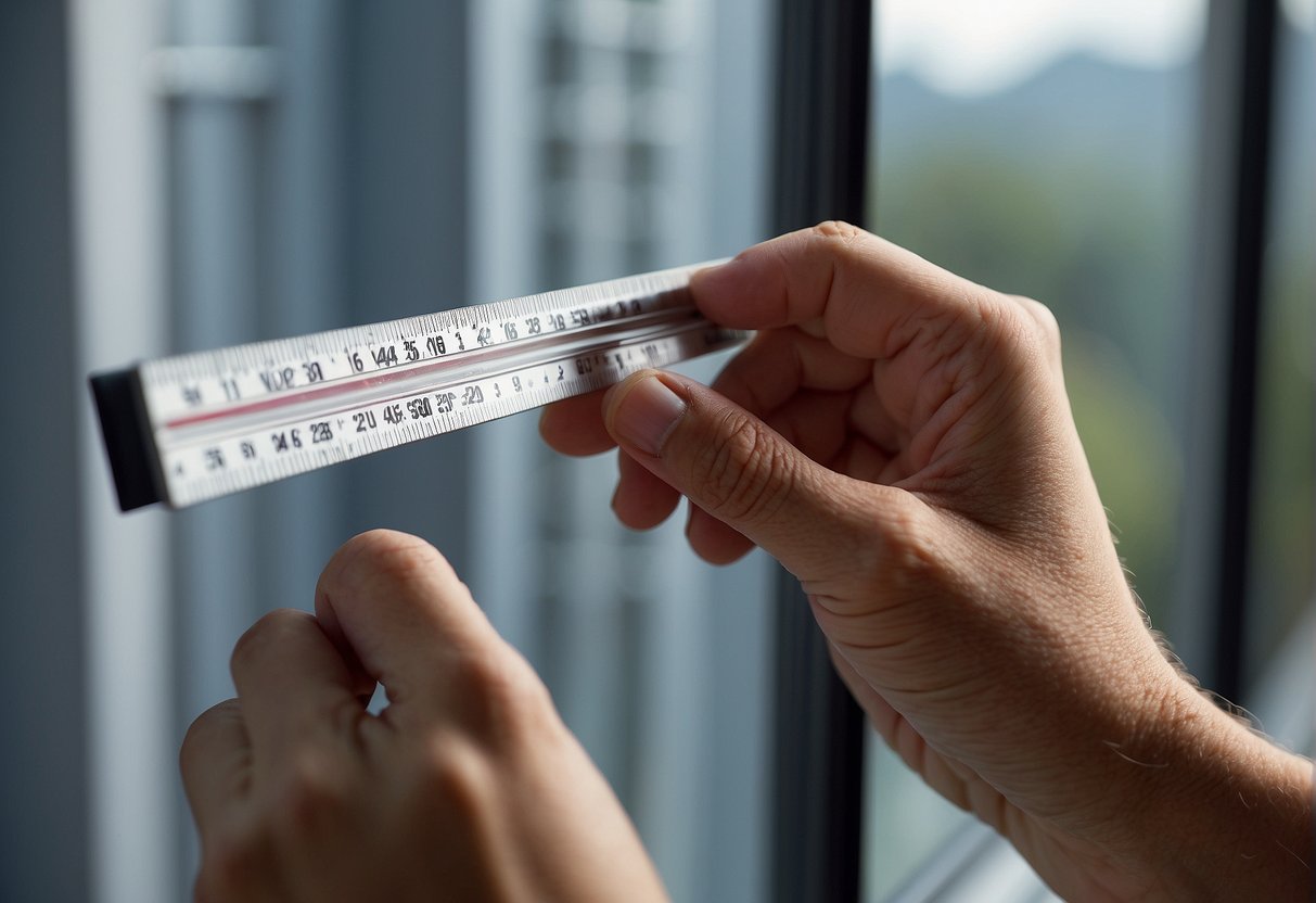 A person holds a ruler against a window frame, checking for gaps or warping. A thermometer measures temperature near the window. A draft detector shows airflow around the edges