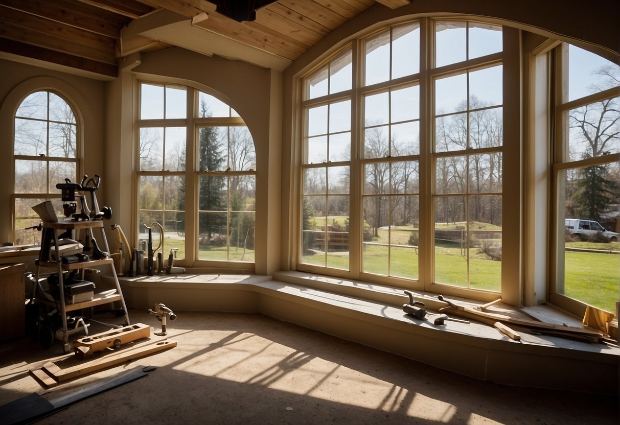 A set of replacement windows sits in a sunny room, surrounded by a variety of tools and materials. A warranty card with clear terms and conditions is prominently displayed next to the windows