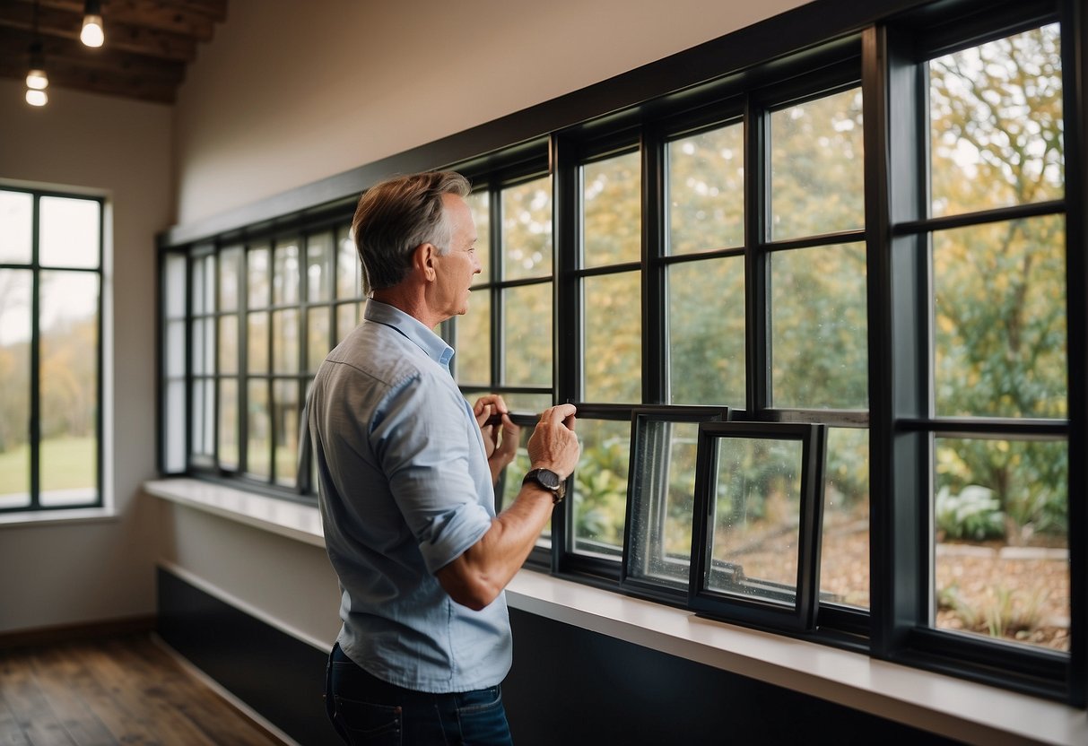 A homeowner comparing different styles of replacement windows for their house, with various options displayed in a showroom