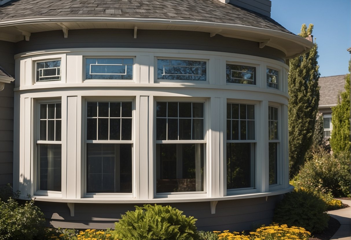 A house with various types of windows: slider, double-hung, and bay windows. Each window features different architectural enhancements and styles