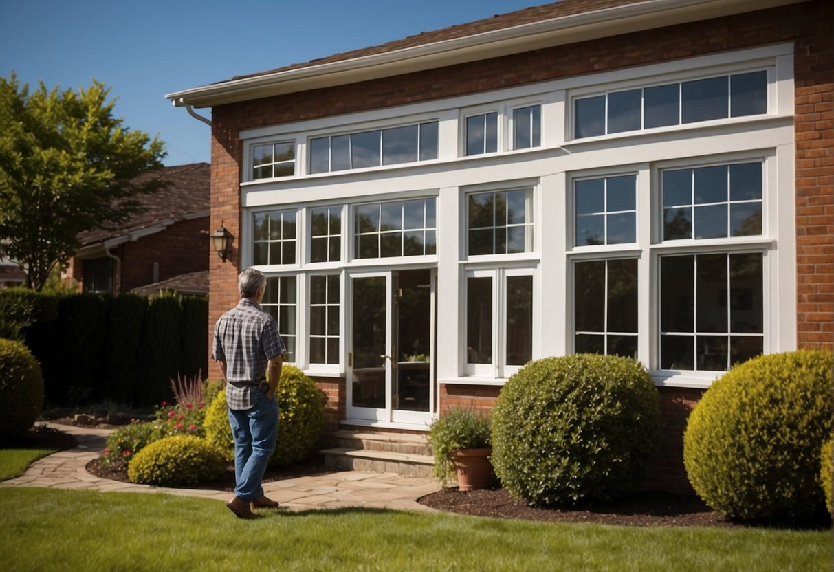 A homeowner examines various window styles, comparing sizes and designs, while standing in front of their house