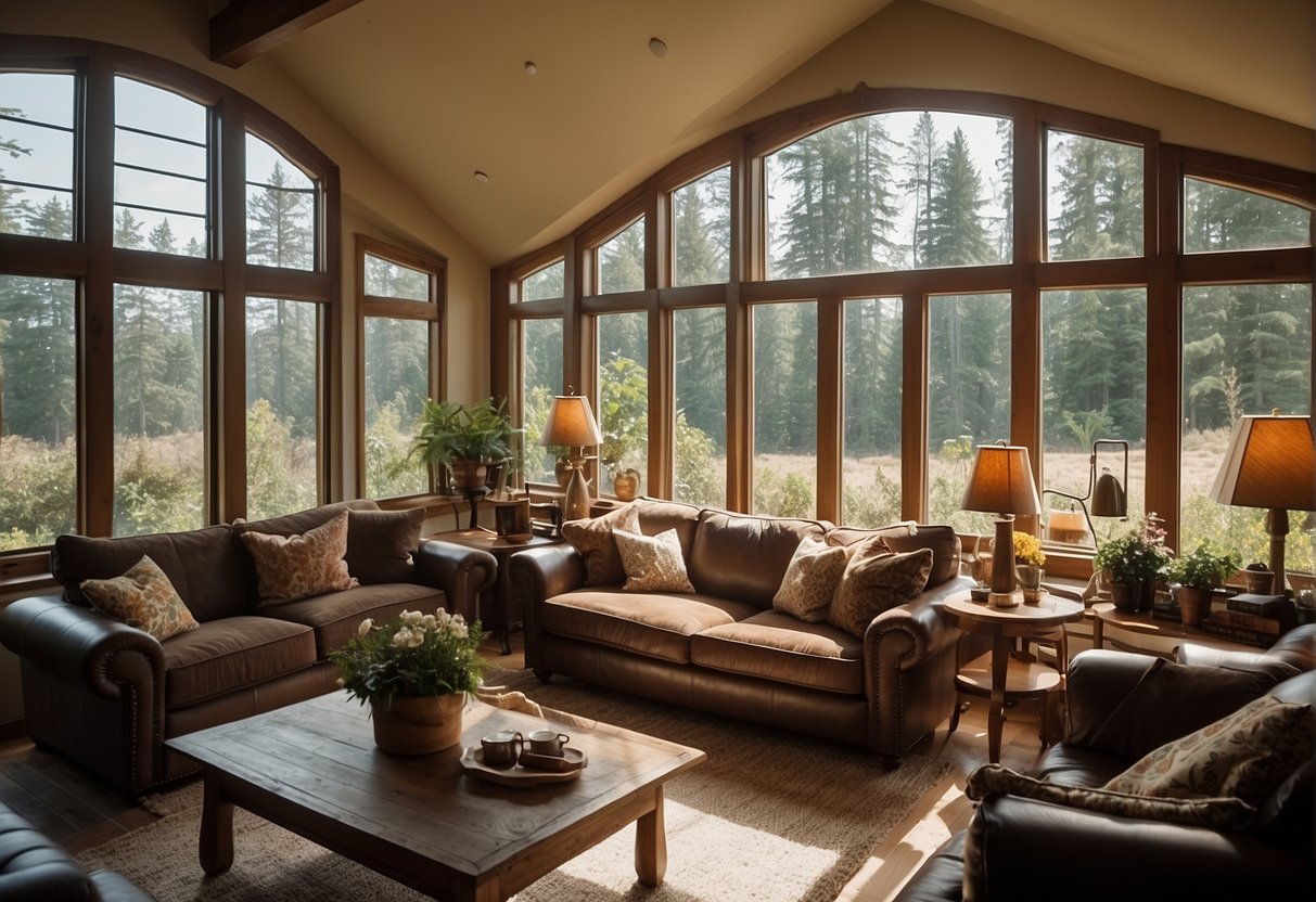 A cozy living room with natural light streaming in through various styles of replacement windows, showcasing different aesthetic preferences