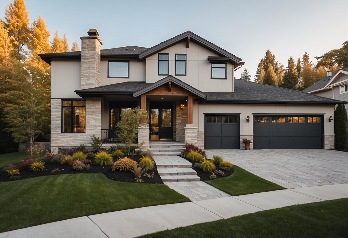 A suburban home with a mix of traditional and modern architectural elements. The windows are large and rectangular, with clean lines and minimalistic frames