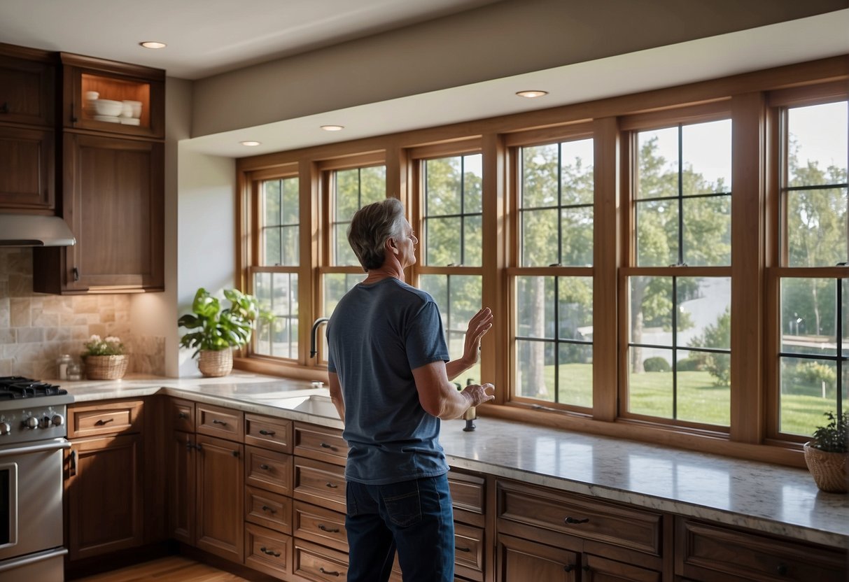 A homeowner examines various window styles, comparing sizes and designs. Displayed options include casement, double-hung, and picture windows