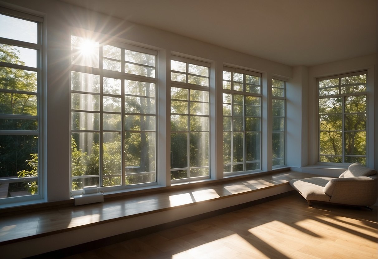 Sunlight streaming through energy-efficient windows, reducing the need for artificial lighting. Outside, a gentle breeze is blocked by the windows, maintaining a comfortable indoor temperature