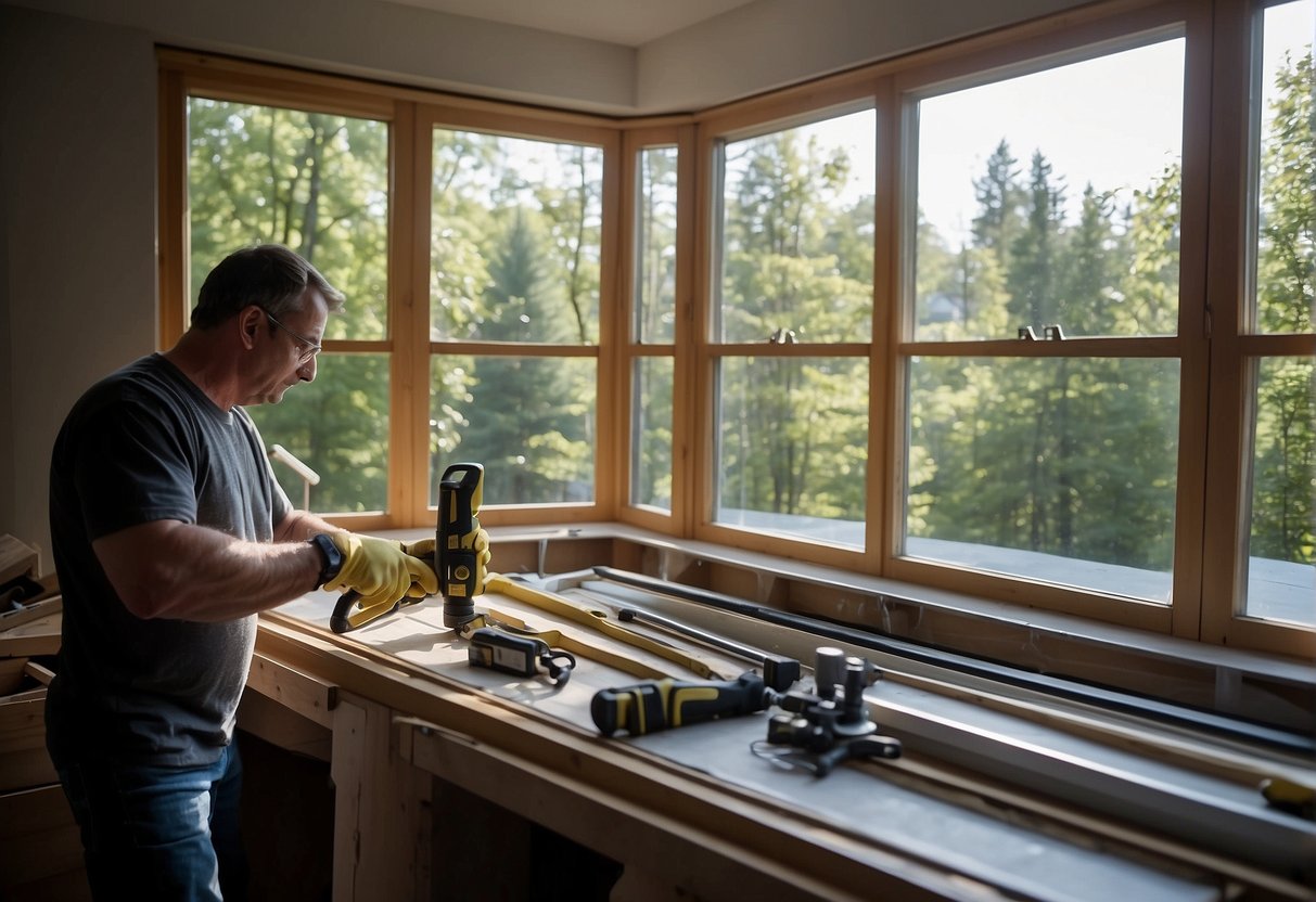 A window being replaced with a new, energy-efficient model, with tools and materials nearby for installation and maintenance