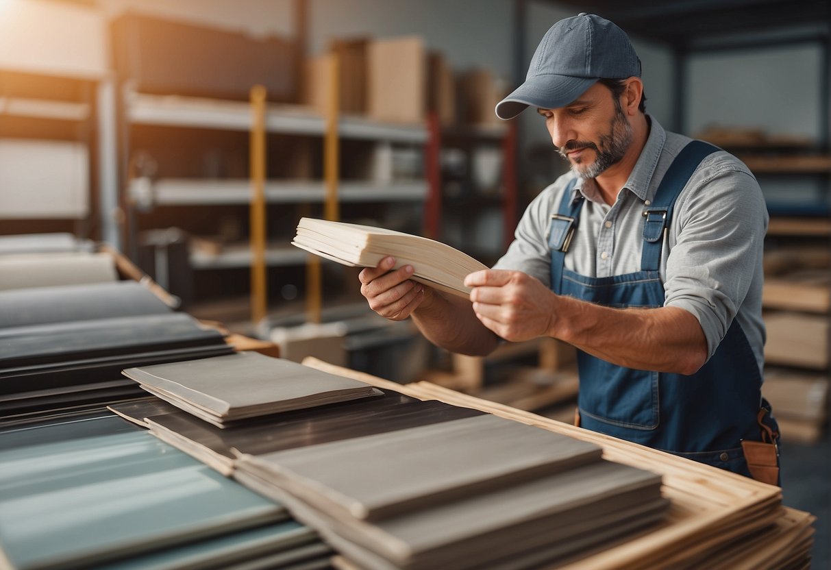 A window installer holds up samples of vinyl, fiberglass, and wood, comparing their durability and energy efficiency