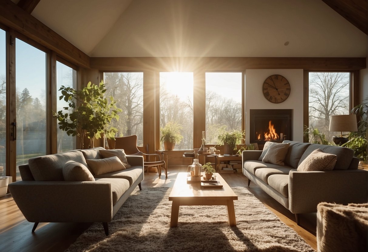 A cozy living room with sunlight streaming through double-glazed windows. A thermometer shows a comfortable temperature, while the homeowners smile at the lower energy bills