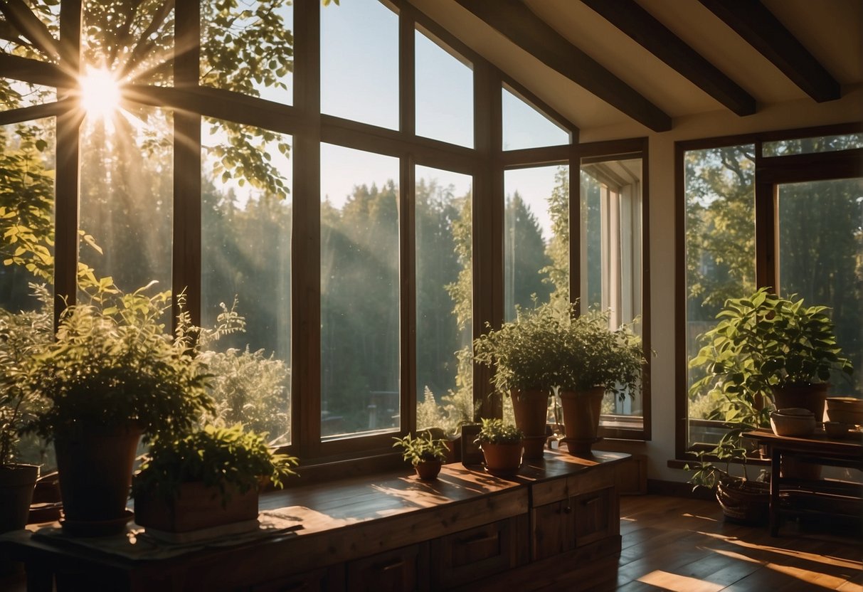 A house with double-glazed windows surrounded by trees and birds. Sunlight reflects off the windows, reducing energy consumption