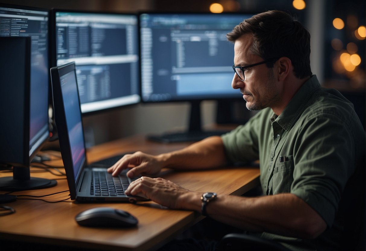 A person using a computer to search for Maryland contractor licensing and insurance verification