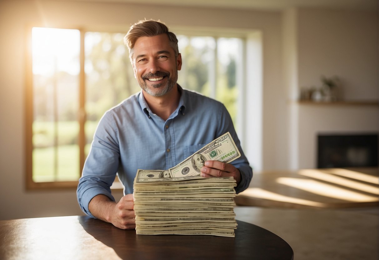 A bright, sunlit room with ENERGY STAR® labeled windows. A rebate form and a smiling homeowner holding a stack of money