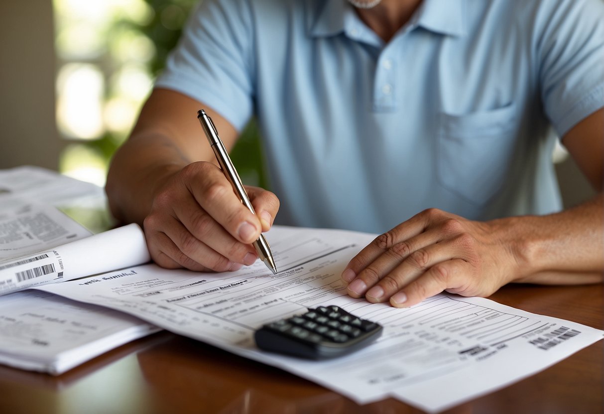 A homeowner fills out a rebate application form for ENERGY STAR® window rebates, with a pile of receipts and a calculator on the table