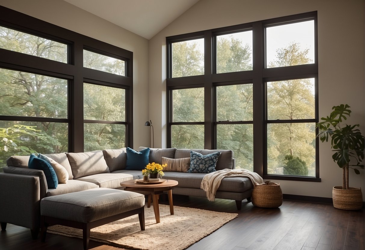 A bright, energy-efficient window with an ENERGY STAR® label, surrounded by a cozy room with modern furnishings and natural light pouring in