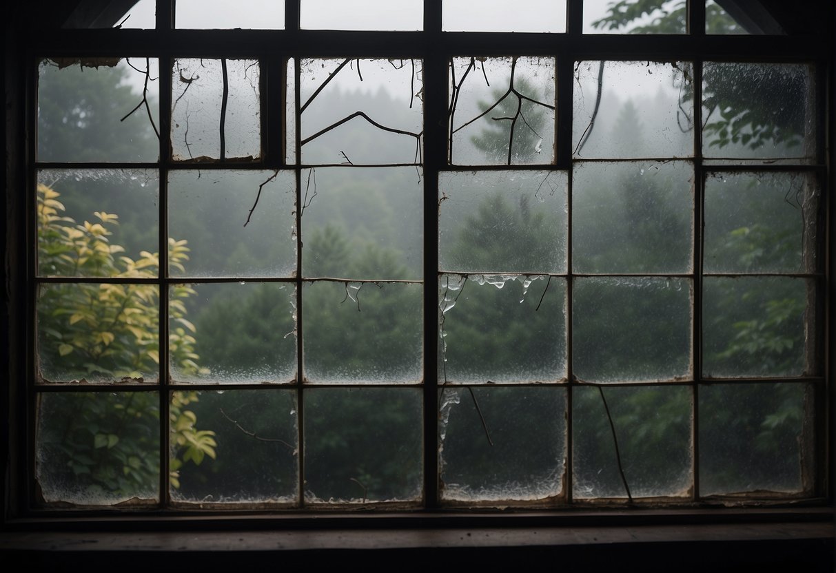 A window with cracked and peeling frames, foggy glass, and noticeable drafts