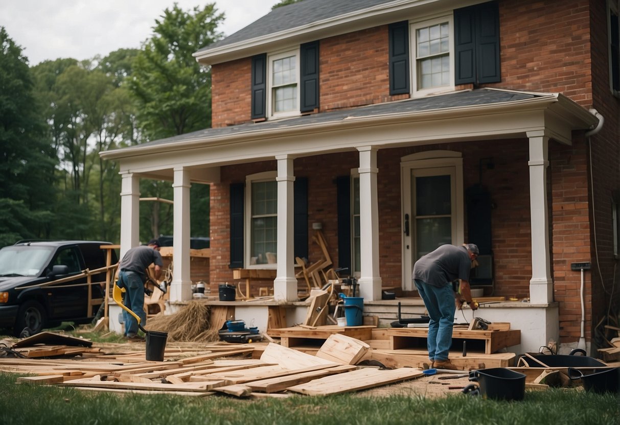 A house in Maryland with old windows being replaced by a contractor. Tools and materials scattered around