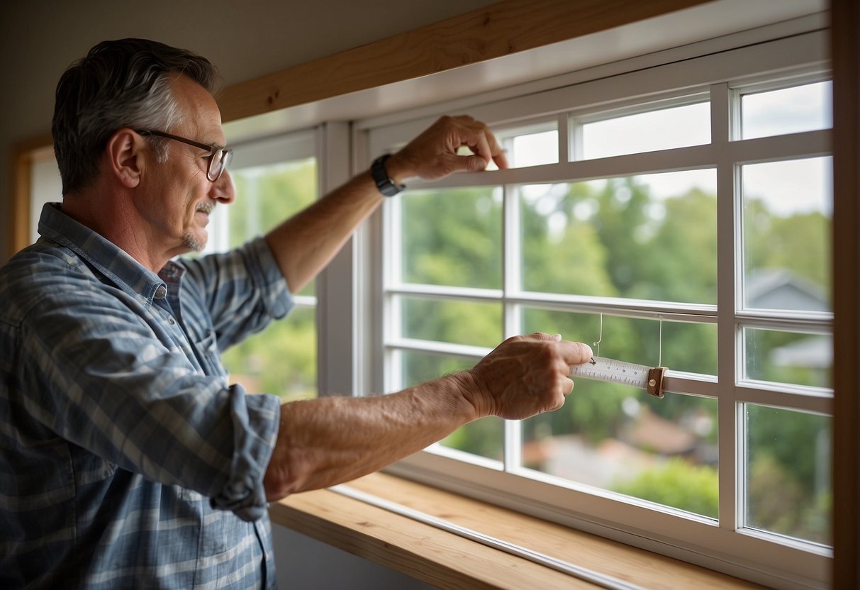 A homeowner measures a window frame, compares styles, and consults with a contractor for replacement options