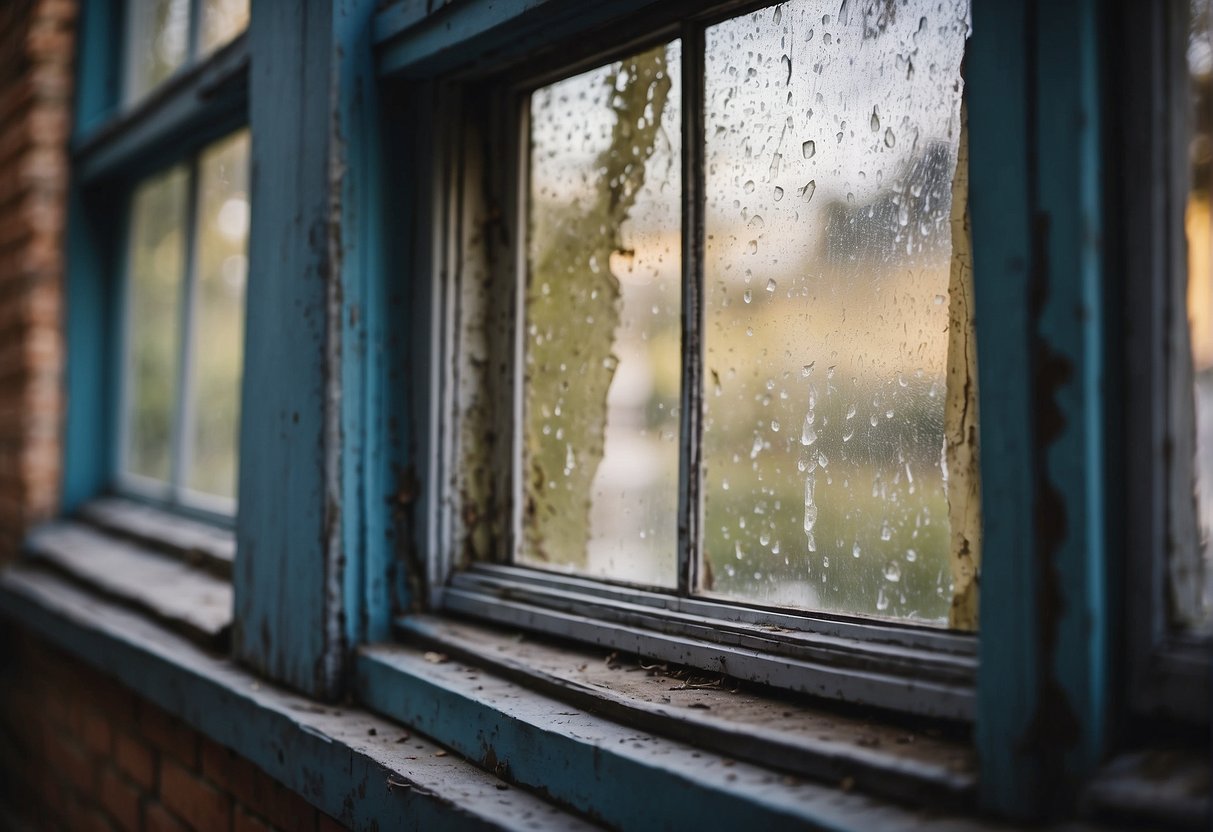 A worn-out window with peeling paint and visible cracks, contrasting with a modern, energy-efficient window