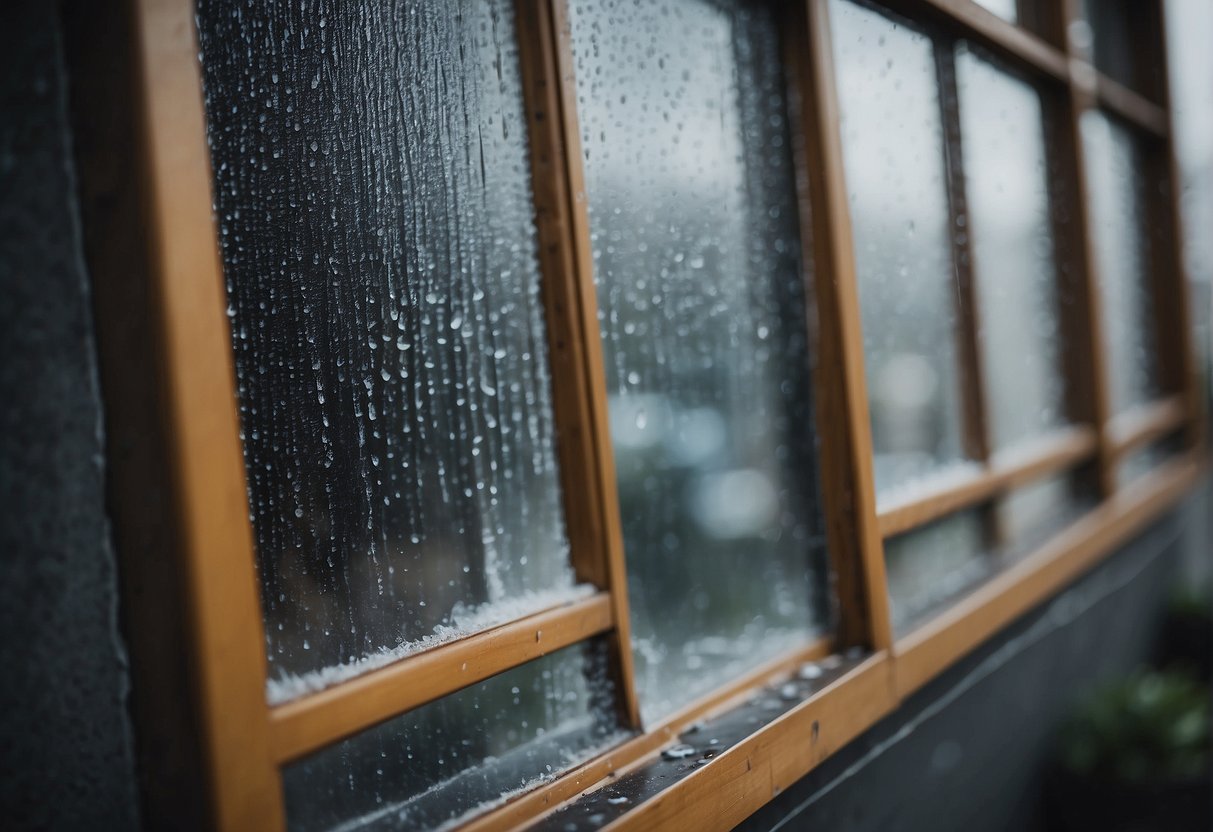 A window with visible signs of wear and tear, such as chipped paint, foggy glass, and drafty edges