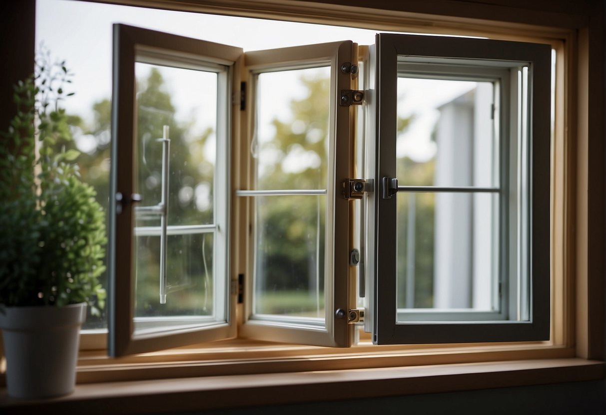 A casement window with a crank mechanism opens outward, allowing for maximum ventilation. The frame is made of durable material and features a secure locking system