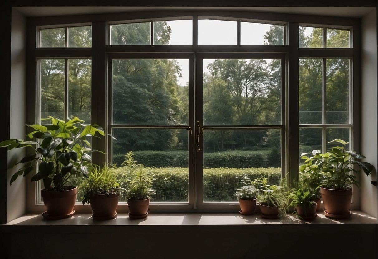 A casement window with a latch, open to show the interior mechanism. Surrounding plants and trees visible through the window