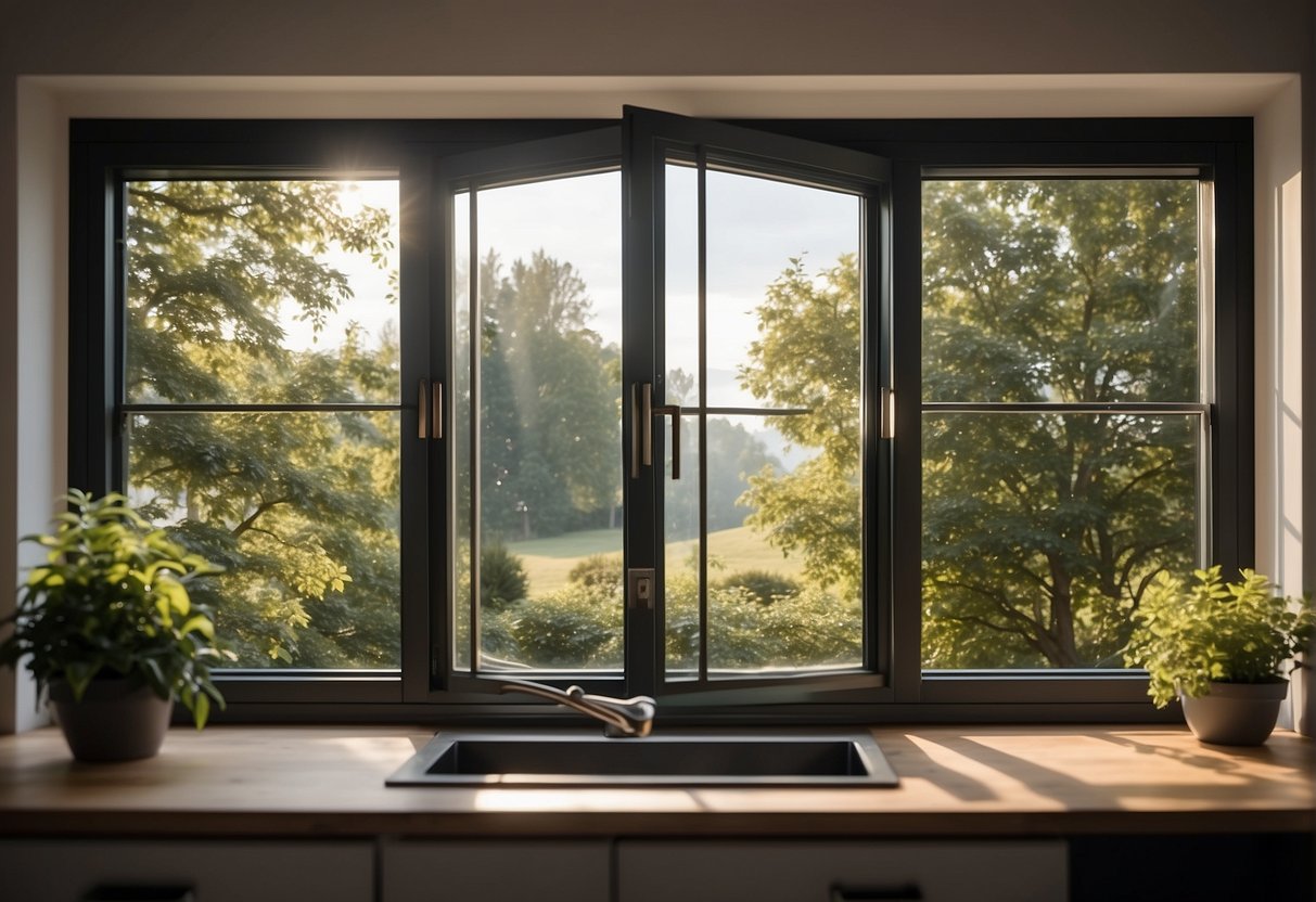 A casement window with a sturdy frame and a smooth, easy-to-operate crank. The window is open, allowing a gentle breeze to flow into the room