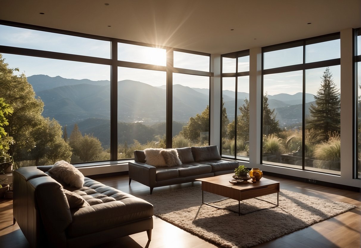 A spacious living room with a large picture window overlooking a serene landscape. Sunlight streams in, highlighting the room's decor