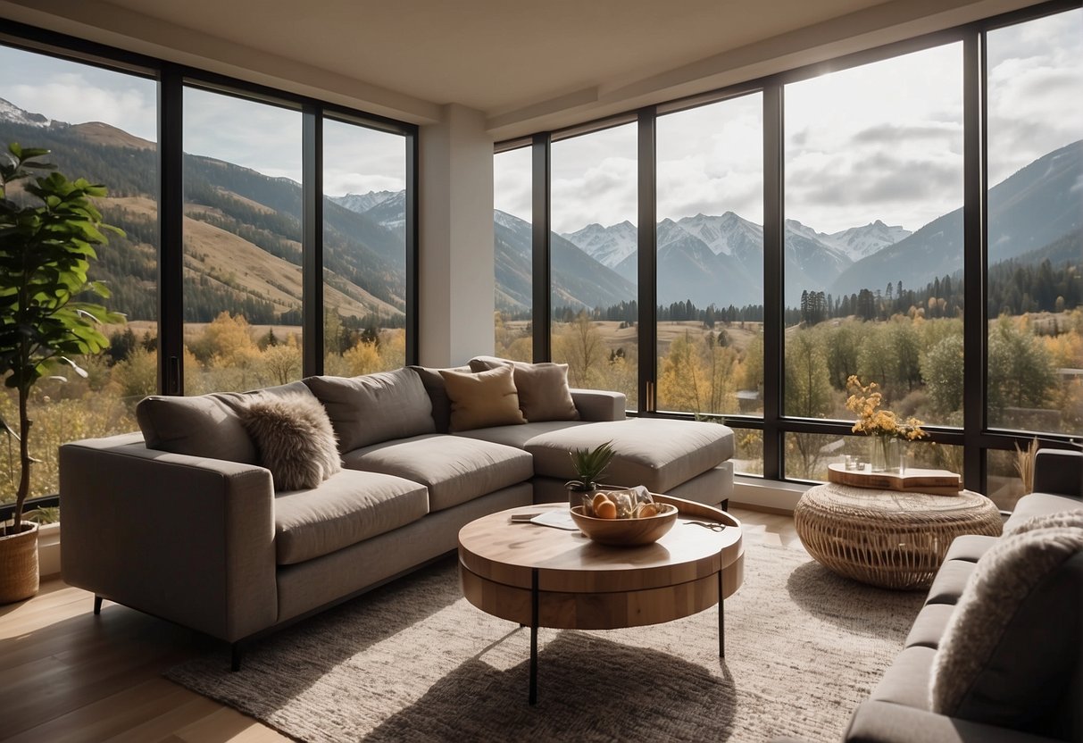 A spacious living room with a picture window showcasing a scenic view of nature. The window allows ample natural light and creates a seamless connection between the indoors and outdoors