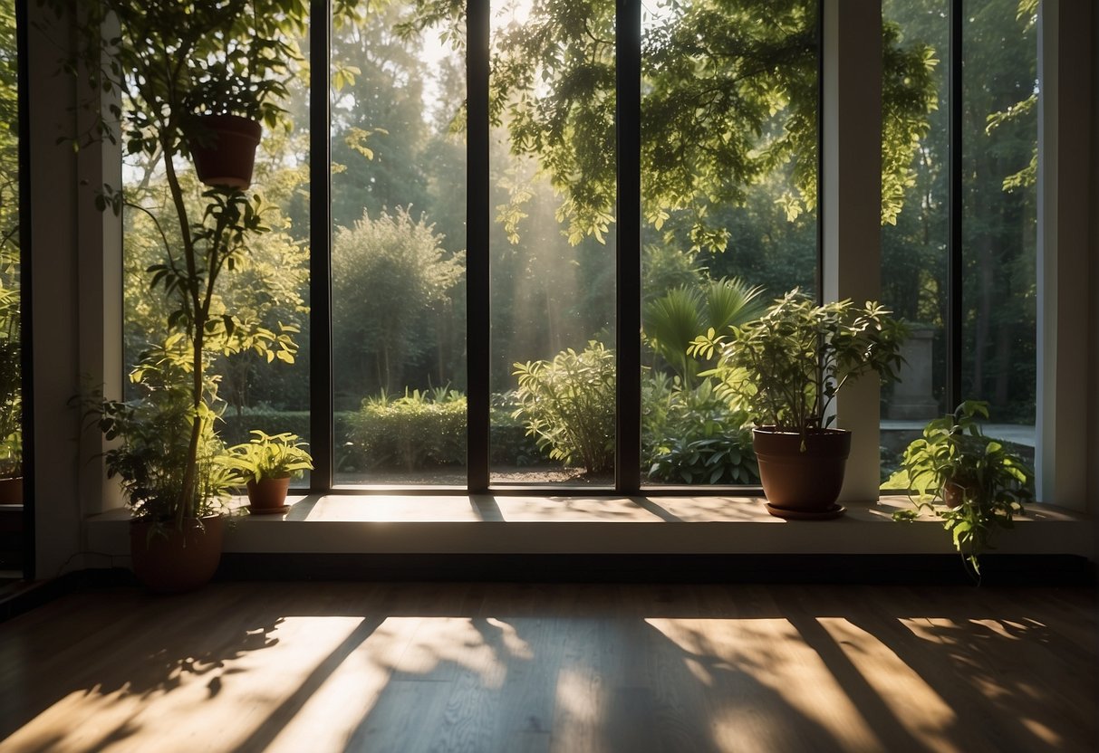 A picture window overlooks a tranquil garden. Sunlight streams through, illuminating the room. Clean lines and unobstructed views create a sense of spaciousness