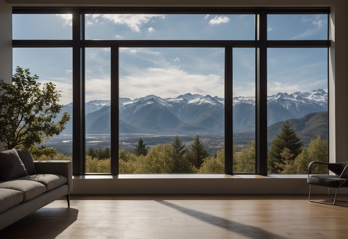 A picture window overlooks a scenic landscape, allowing natural light to flood the room. Its unobstructed view and clean lines create a modern, open feel