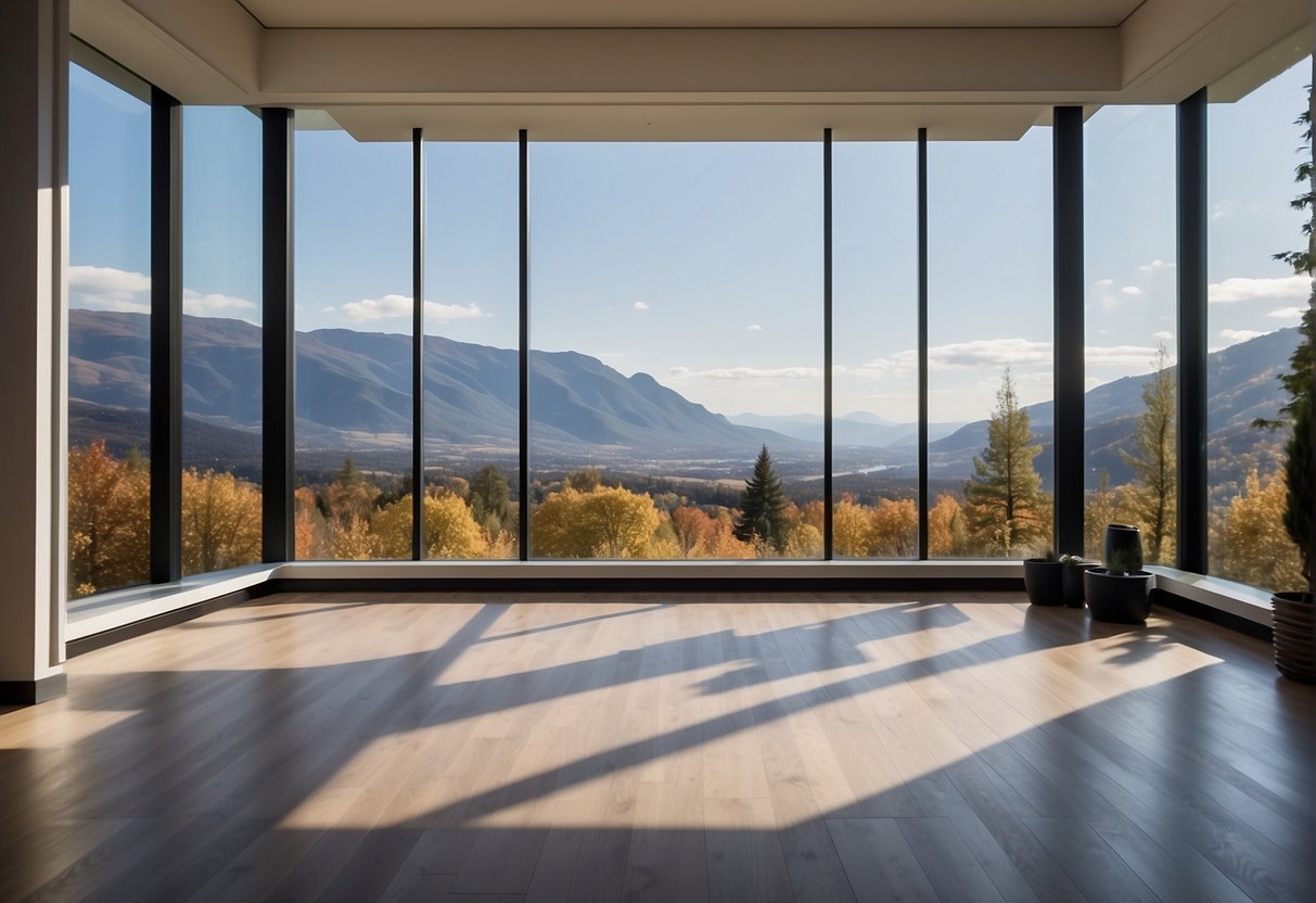 A bright, spacious room with a large picture window overlooking a scenic landscape. The window is framed with sleek, modern trim and allows abundant natural light to flood the room