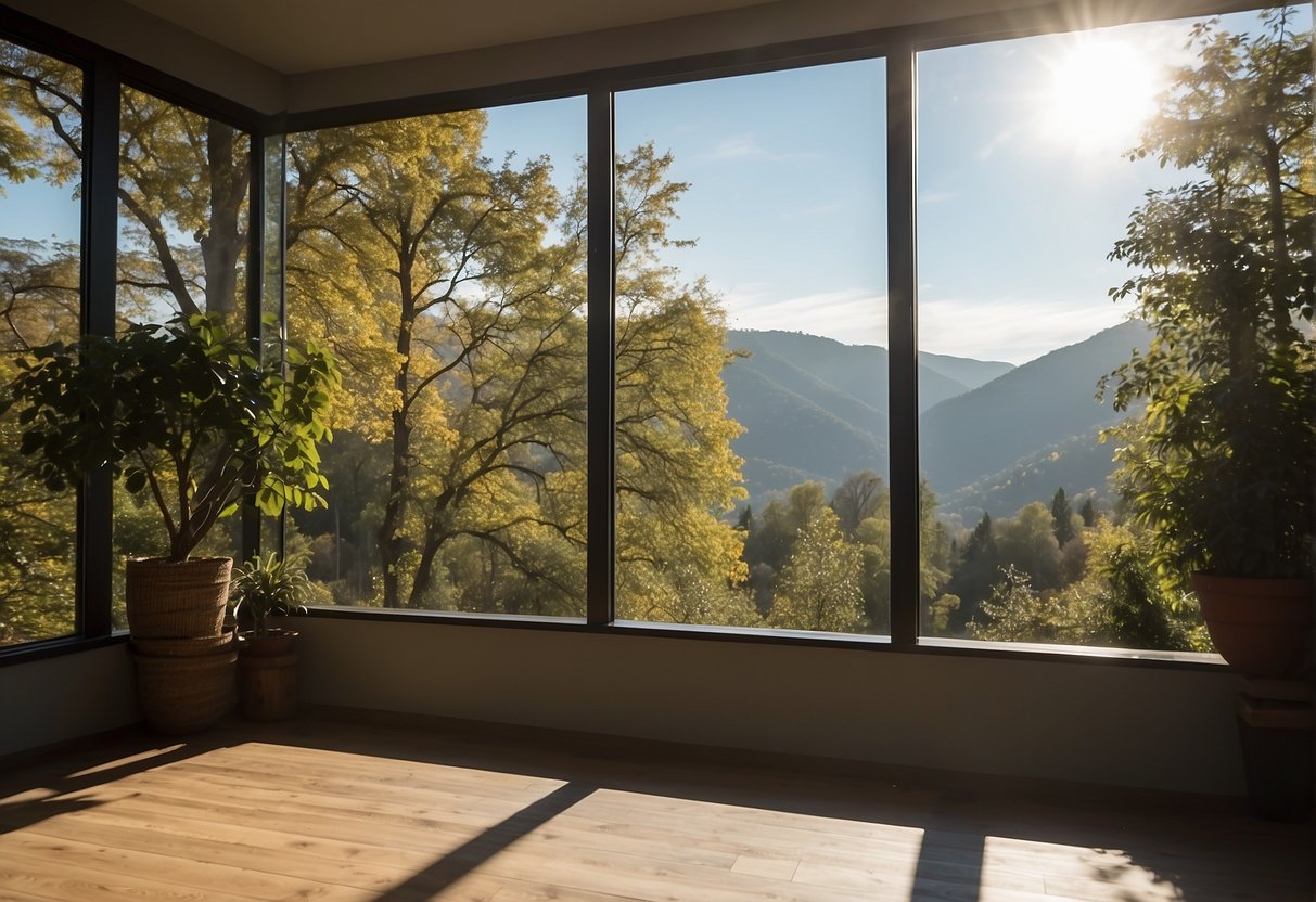 A spacious room with a large, unobstructed view of nature through a picture window. Sunlight streams in, highlighting the beauty outside