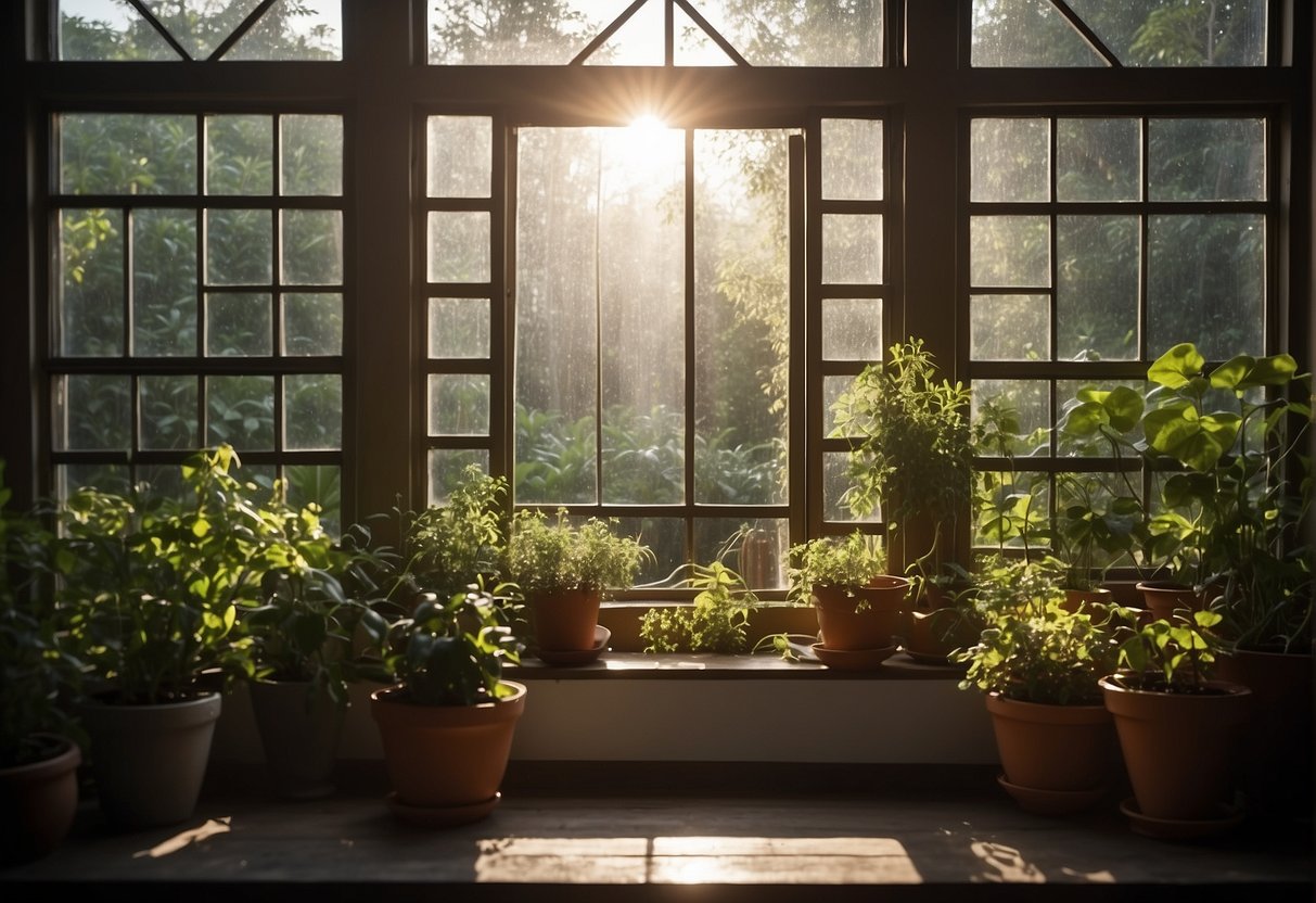 A garden window with plants and sunlight, showcasing its design and functionality for an illustrator