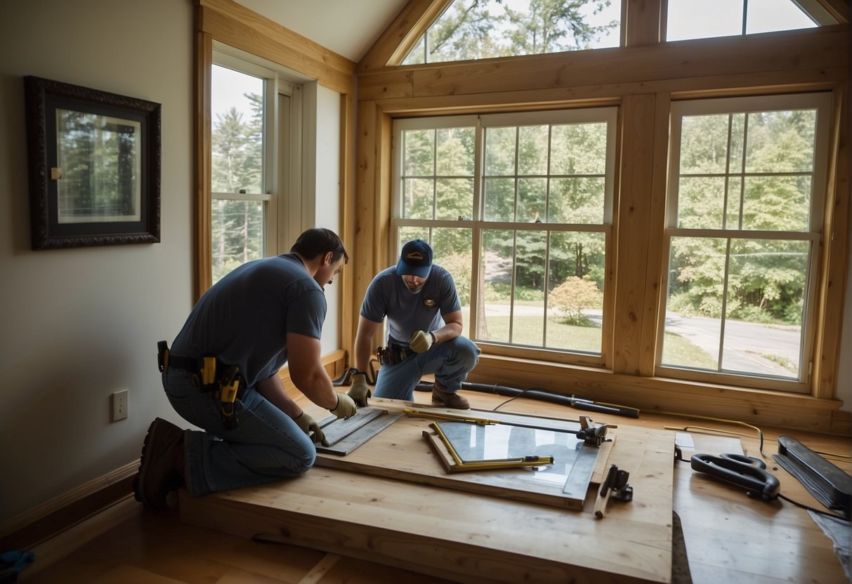 A window being replaced in a Maryland home, with a contractor measuring, tools on the floor, and a cost estimate on a clipboard