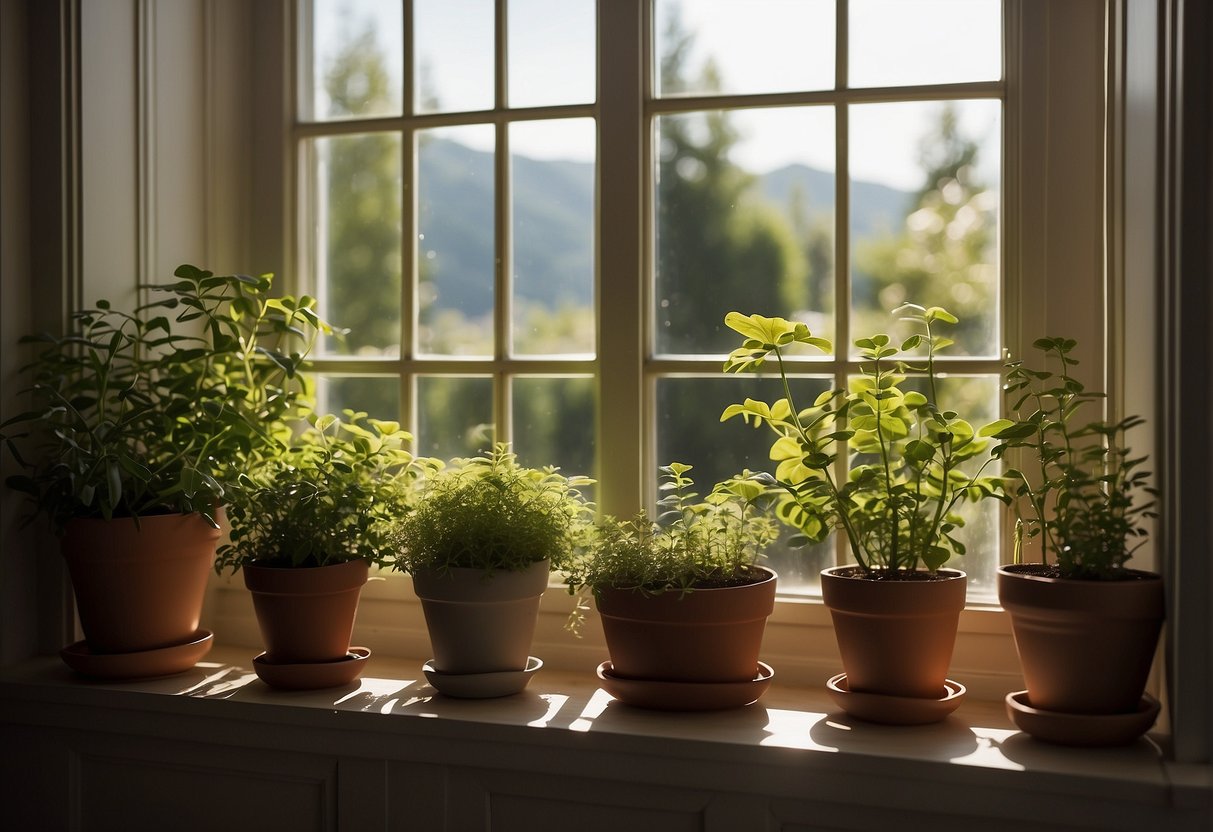 A garden window with potted plants and sunlight streaming in. A cozy reading nook with a view of the outdoors. Perfect for a kitchen or living room