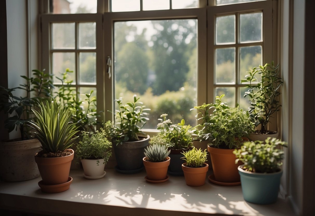 A garden window with potted plants, natural light, and a view of the outdoors. A cozy reading nook or space for herbs and small plants