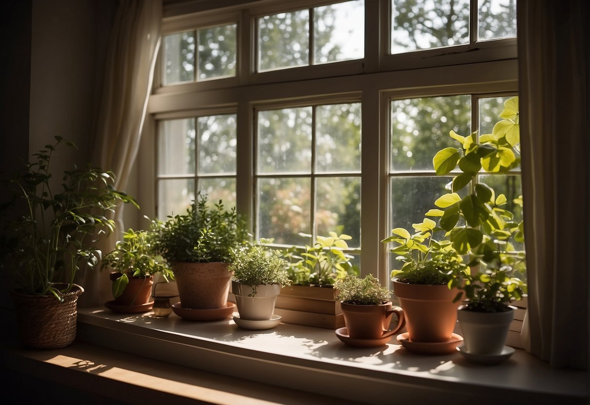 A garden window with potted plants, sunlight streaming in, and a view of the outdoors. A cozy nook for reading or enjoying a cup of tea