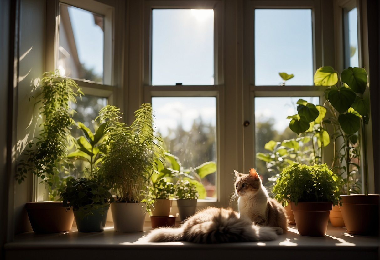 A garden window with plants, facing a backyard. Sunlight streaming in. A cozy reading nook. A cat sitting on the window ledge