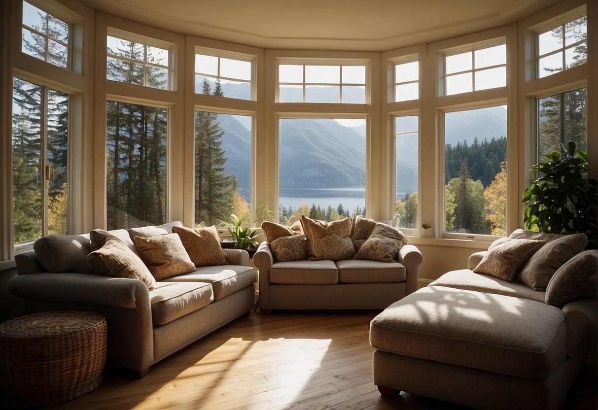 A cozy living room with a bay window, featuring three glass panels that extend outward from the wall, providing ample natural light and a picturesque view