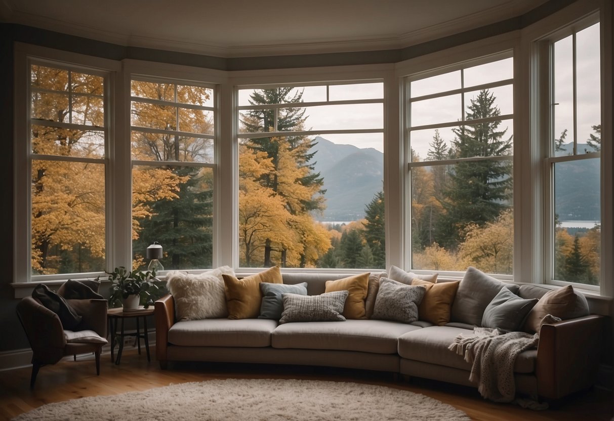 A cozy living room with a large bay window overlooking a scenic view. The window features a deep sill and multiple panes, allowing plenty of natural light to fill the room