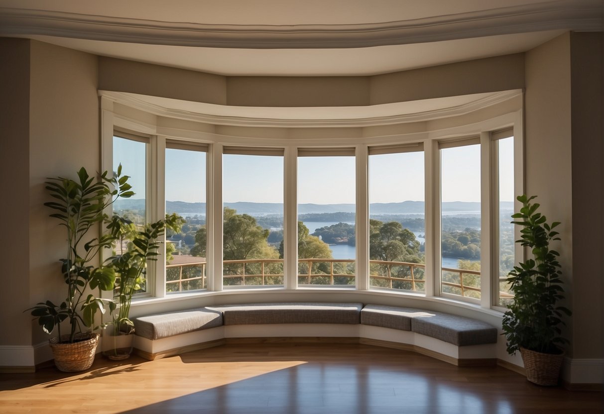 A bay window with a wide, angled design, providing panoramic views and ample natural light