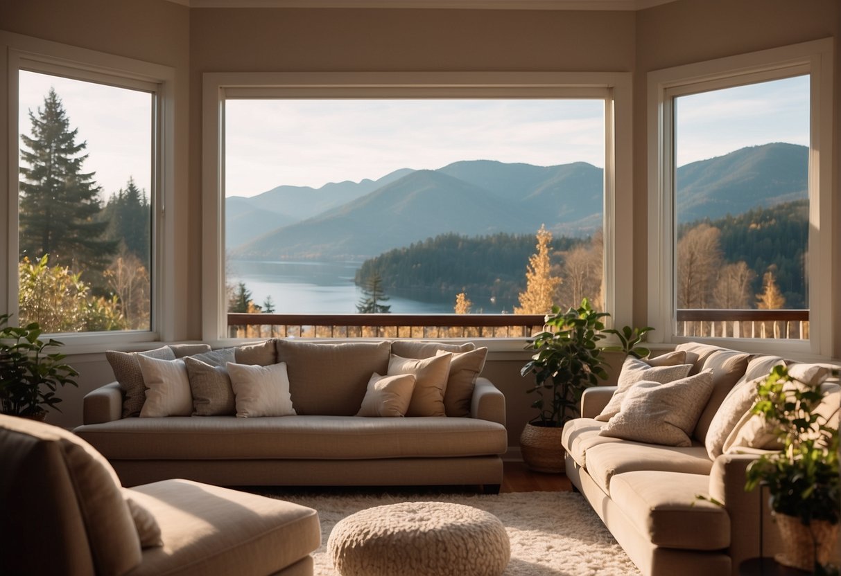 A cozy living room with a bay window overlooking a scenic view. Soft natural light fills the space, creating a warm and inviting atmosphere