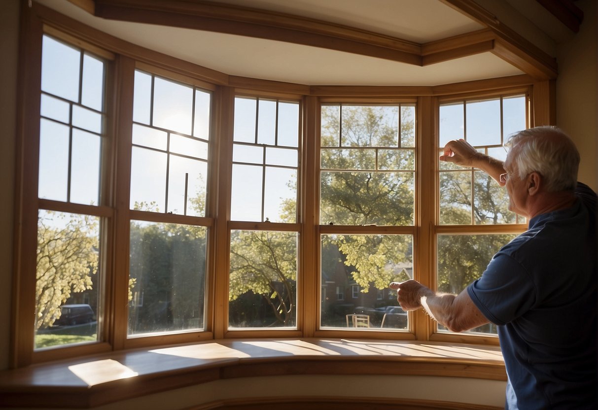 A homeowner measures a bay window, comparing it to a bow window. The sunlight streams through, highlighting the window's elegant design