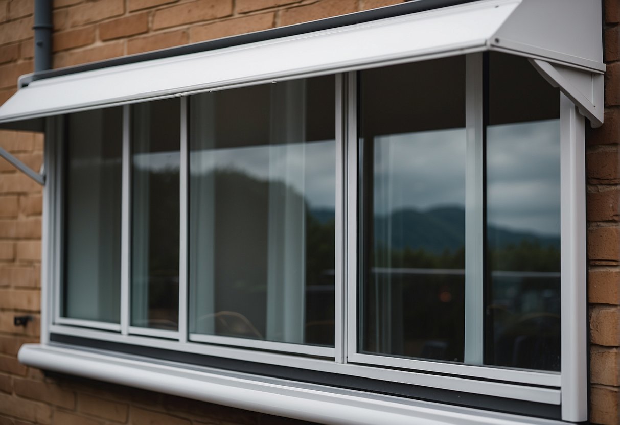 An awning window is open, hinged at the top, with a crank mechanism. It allows for ventilation while keeping out rain. It differs from other windows by its unique opening style