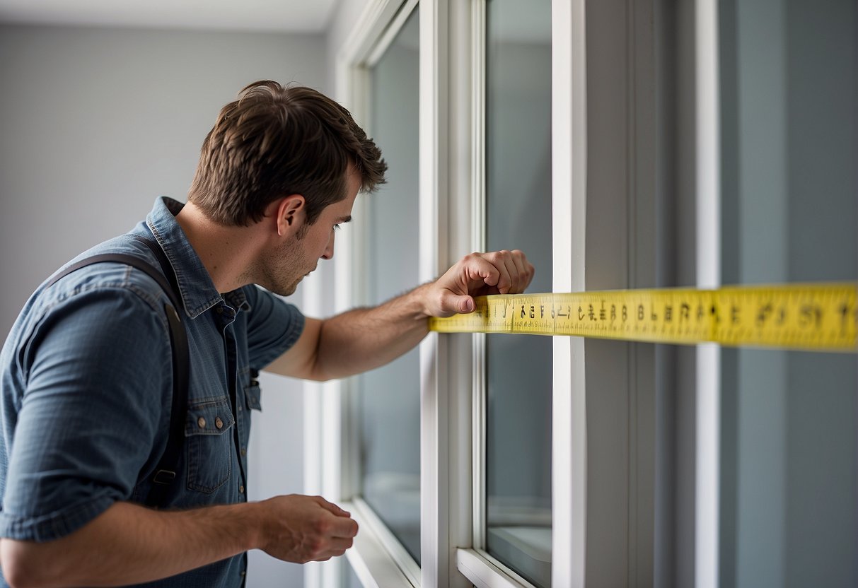 A person using a measuring tape to check the width and height of a window frame from corner to corner