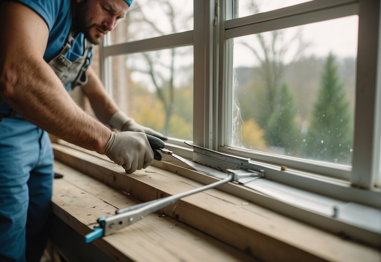 A team of workers swiftly installs replacement windows, using tools and equipment, in a residential setting