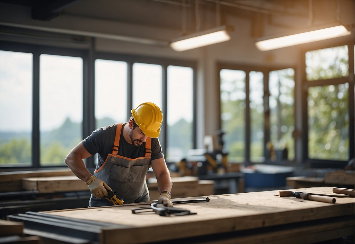 A window being replaced by a worker, tools and materials nearby