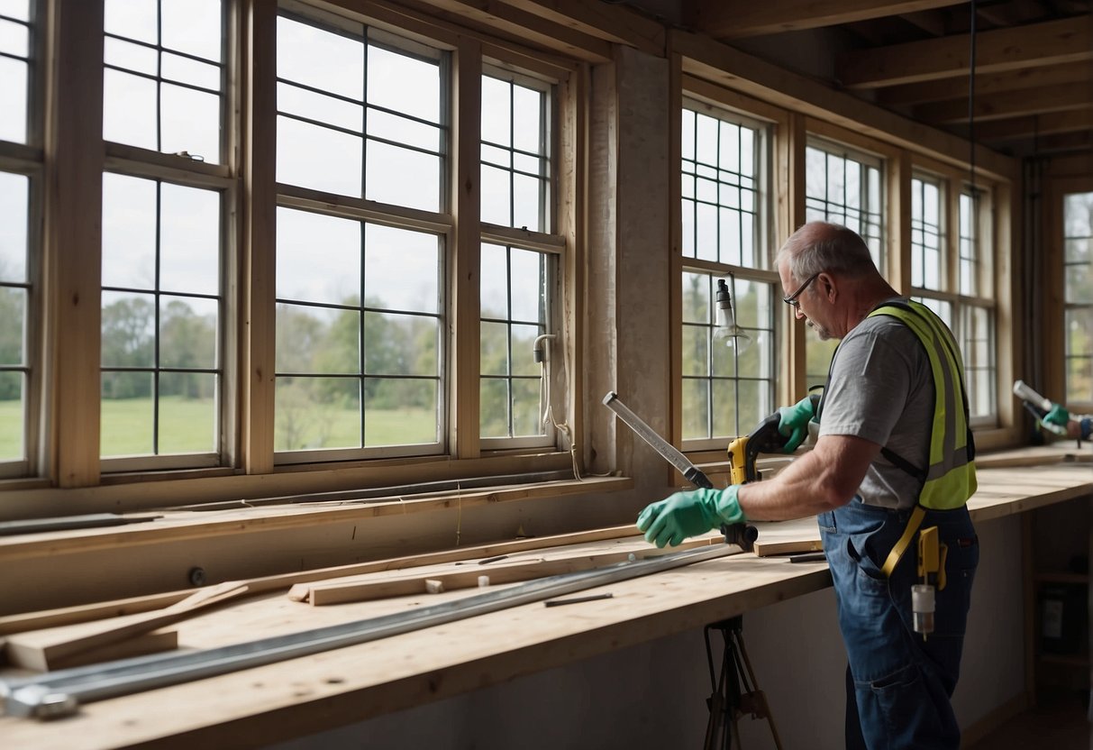 Replacement windows being installed: A team works quickly, measuring, removing old windows, and fitting new ones into place. Tools and materials are scattered around the work area