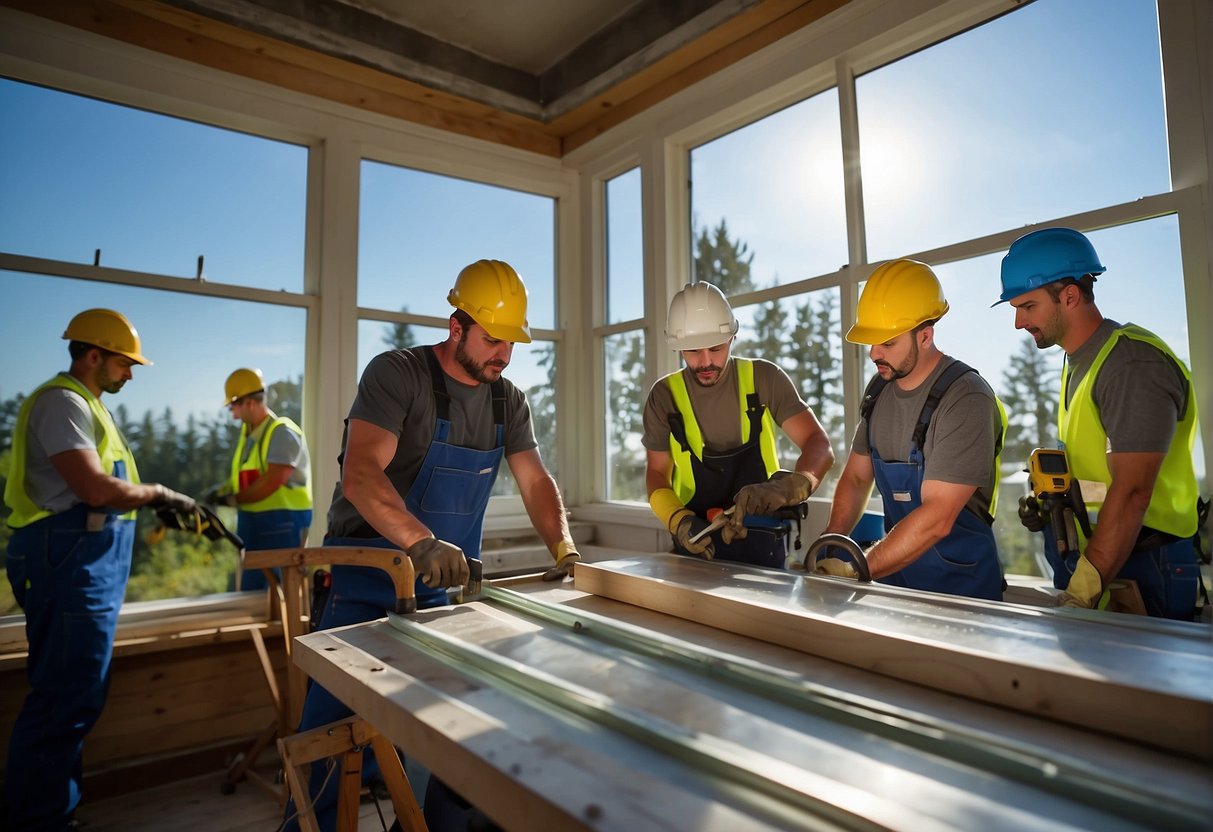 A team of workers swiftly installs replacement windows, using tools and equipment, with precision and efficiency